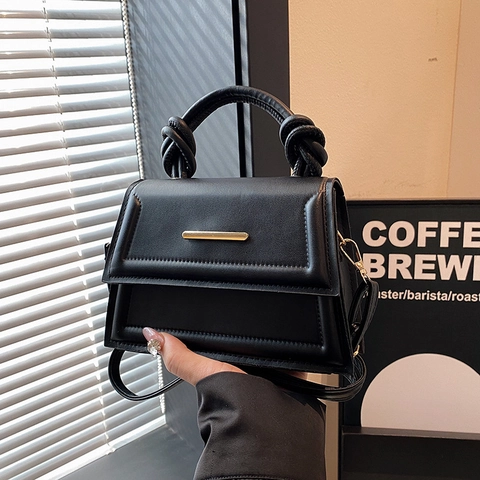 Bolso Bandolera Pequeño Cuadrado de Cuero PU para Mujer Minimalista Color Sólido Bolso de Mano Con Asa Anudada y Barra de Metal Dorado