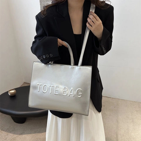 Borsa Tote in Pelle PU di Grande Capacità da Donna Borsa a Tracolla Vintage con Goffratura a Lettere per Lavoro Scuola Pendolarismo Moda