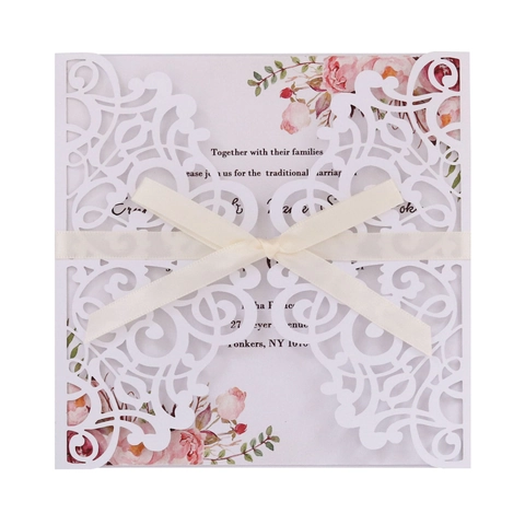 Élégantes Cartes D'Invitation De Mariage Découpées Au Laser De Style Européen Motifs Floraux Creux Nœud En Ruban De Satin Invitations Pour Célébration Mariage Fête Décorations