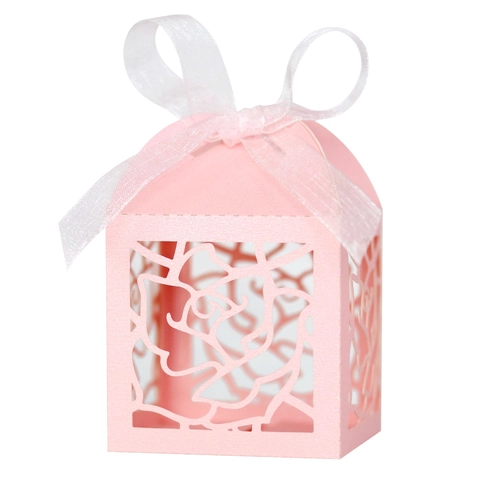 Scatola di Caramelle Matrimonio Rosa Taglio Laser Confezione Regalo in Carta Traforata Con Fiocco di Nastro