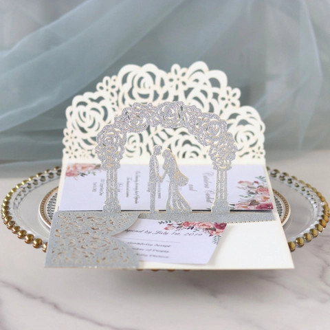 3D Popup Wedding Invitation Card Laser Cut Glitter Rose Couple Silhouette Engagement Romantic Party Invitation With Envelope