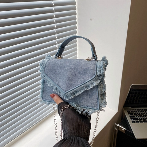 Damen Fashion PU Kleine Quadratische Tasche Fransenkante Denim Stil Umhängetasche Retro Schultertasche Silberkette