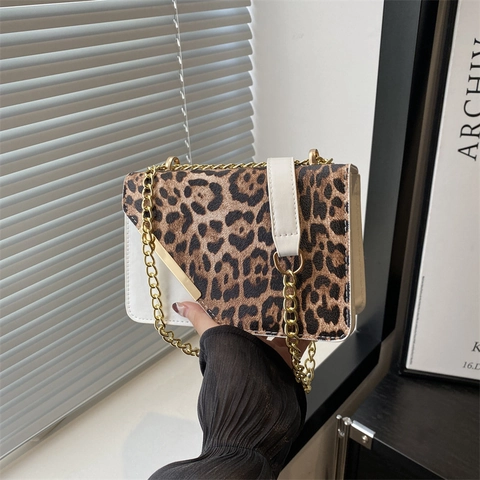 Bolso de Hombro con Costuras de Leopardo para Mujer Bolso Cuadrado Cruzado de Cuero de PU Con Correa de Cadena Dorada Ribete de Metal Bolso de Mano de Moda