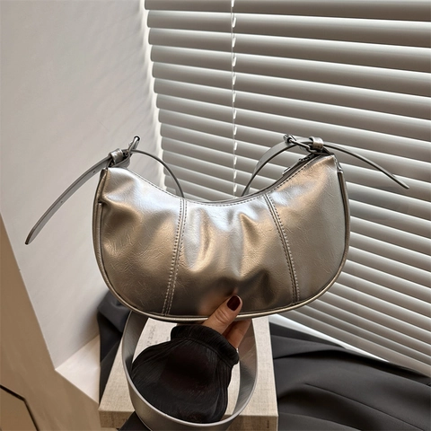 Damen Koreanisches Design PU Leder Halbmond Hobo Schultertasche Mit Verstellbarem Riemen Minimalistische Nähte Crossbody Handtasche