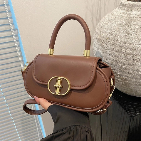 Sac à Épaule Vintage en Cuir PU pour Femmes Sac Bandoulière Ovale de Niche Française Fermoir en Métal Doré Sac à Main Mode Quotidienne