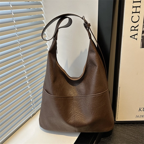Dames Grote Capaciteit PU Leer Schoudertas Vintage Minimalistisch Tote Hobo Bag Met Stiksels Ritssluiting Voor Werk Dagelijks