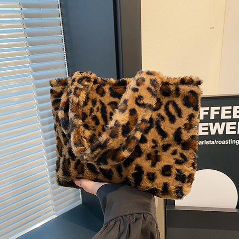 Damen Leopardenmuster Plüsch Tote Bag Mode Kunstpelz Schultertasche Weiche Herbst Winter Achsel Handtasche Für Den Täglichen Gebrauch