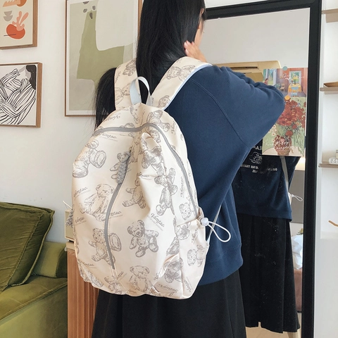 Zaino in Nylon Con Stampa di Orso Cartone Animato Stile Coreano per Donna Borsa da Scuola Semplice per Studenti Zaino da Viaggio All'aperto