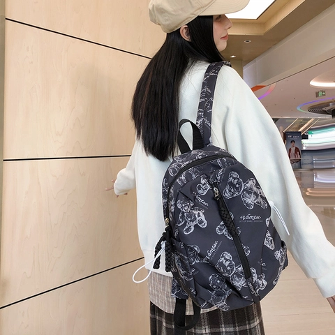 Zaino in Nylon Con Stampa di Orso Cartone Animato Stile Coreano per Donna Borsa da Scuola Semplice per Studenti Zaino da Viaggio All'aperto