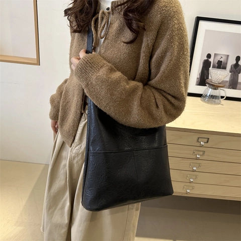 Dames Grote Capaciteit PU Leer Schoudertas Vintage Minimalistisch Tote Hobo Bag Met Stiksels Ritssluiting Voor Werk Dagelijks