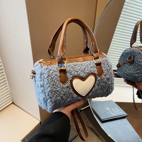 Women Sweet Sherpa Heart Cylinder Bag Plush Shoulder Crossbody Boston Bag For Autumn Winter Casual Daily Wear