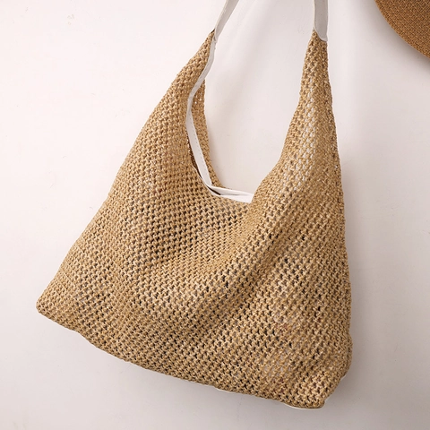 Retro Korean INS Woven Tote Bag Large Capacity Hollow Shoulder Bag For Women Beach Vacation Hand-Woven Hemp Hobo Bag With Inner Pouch