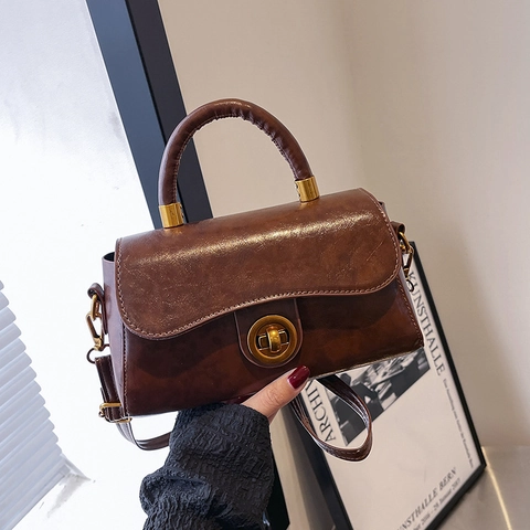 Vintage PU Leather Shoulder Bag For Women Small Square Crossbody Bag With Twist Lock And Stitching Detail Daily Handbag
