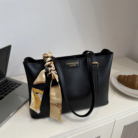 Vintage Minimalistische PU Leder Shopper Für Damen Große Kapazität Schultertasche Mit Dekorativem Seidenschal Pendeln Arbeit