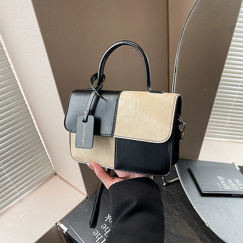 Fashion Color Block Women Shoulder Bag PU Leather Handbag Retro Square Crossbody Bag With Adjustable Strap Top Handle For Women