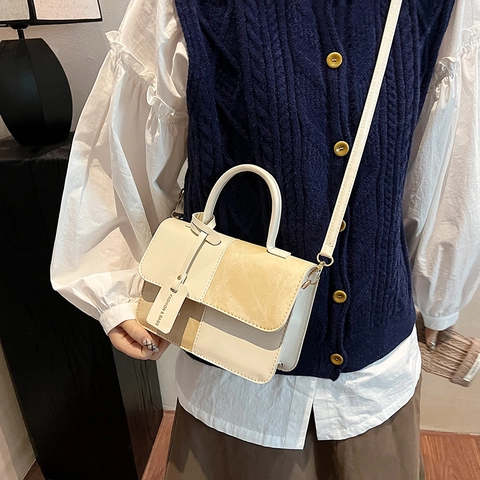 Fashion Color Block Women Shoulder Bag PU Leather Handbag Retro Square Crossbody Bag With Adjustable Strap Top Handle For Women