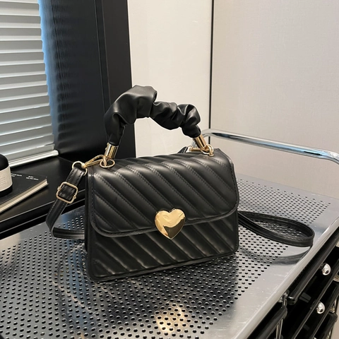 Sac à Épaule en Cuir PU Matelassé Rétro pour Femmes Mode Serrure Cœur Dorée Sac Carré Bandoulière Avec Poignée Scrunchie