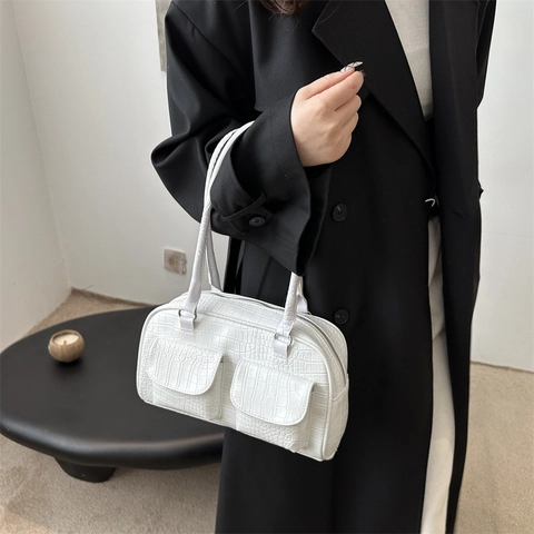 Borsa a Tracolla in Pelle PU con Motivo a Coccodrillo Vintage per Donna Design a Doppia Tasca Borsa Sottoascellare