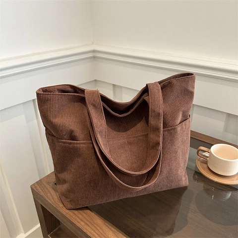 Women Fashion Corduroy Tote Bag Large Capacity Minimalist Shoulder Bag Solid Color Casual Shopper Handbag Daily Commuter Bag