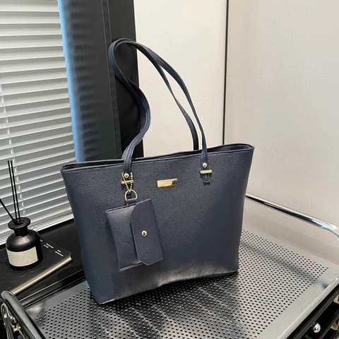 Women Large Capacity PU Lychee Pattern Tote Bag With Mini Pouch Fashion Commuter Shoulder Bag Solid Color Elegant Handbag
