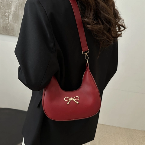 Mode PU Leder Unterarmtasche Für Damen Goldene Schleife Halbmond Hobo Tasche Minimalistische Vintage Schultertasche Vielseitige Alltagstasche