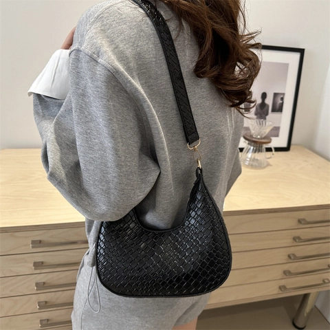 Bolso Hobo de Media Luna Tejido Francés para Mujer Moda Cuero PU Bolso de Axila Hombro Minimalista Color Sólido Tendencia 2025