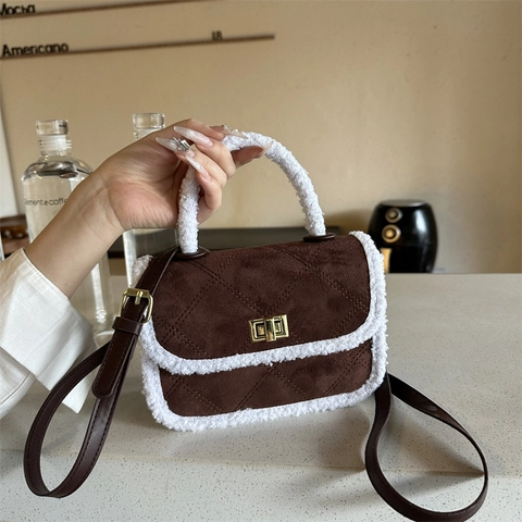 Women Retro Suede Quilted Small Square Bag With Faux Fur Trim Contrast Color Handheld Crossbody Bag For Winter Fashion