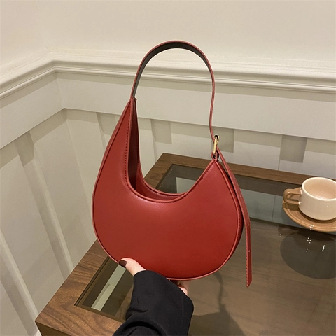 Bolso de Hombro de Media Luna de Cuero PU Minimalista para Mujer Bolso de Axila Vintage Color Sólido Casual para Diario