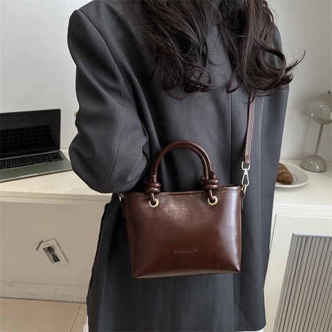 Women's Knotted Handle PU Leather Crossbody Bag Fashion Letters Embossed Shoulder Bag Stylish Solid Color Tote Square Bag