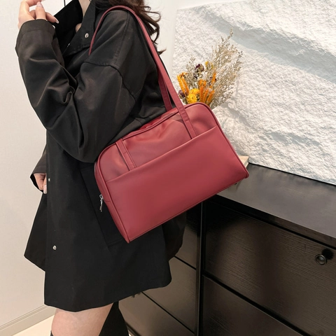 Bolso de Hombro Retro de Cuero PU de Gran Capacidad Estilo Coreano Bolso de Mano Boston Color Sólido Con Bolsillo Frontal