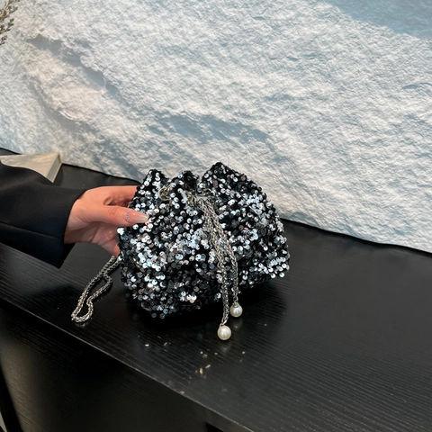 Elegante Borsa a Secchiello con Paillettes da Donna Pochette da Sera Coulisse con Decorazione Perle Artificiali Catena Argento