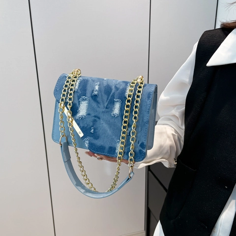 Γυναικεία Τσάντα Χιαστί Με Denim Και Patchwork Από Δέρμα PU Χρυσή Αλυσίδα Και Τετράγωνο Σχέδιο Για Καθημερινό Στυλ Δρόμου