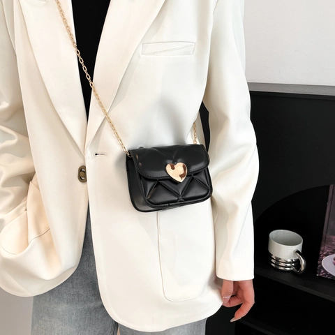 Moda Donna Mini Borsa a Tracolla Trapuntata con Serratura a Cuore in Pelle PU Catena Piccola Borsa per Cellulare