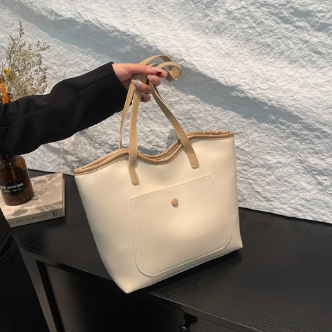 Bolso de Mano Grande de Cuero PU para Mujer Bolso de Hombro Minimalista Bolsillo Delantero Viaje Color Sólido Bolso de Moda