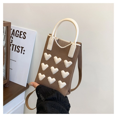 Petit Sac Bandoulière Tricoté avec Cœur pour Femme Style Coréen Motif Sac de Téléphone Esthétique Sac à Main