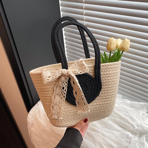 Borsa Tote in Paglia Intrecciata a Mano Stile Coreano di Grande Capacità per Donna Borsa a Tracolla Casual Estiva da Spiaggia Con Fiocco