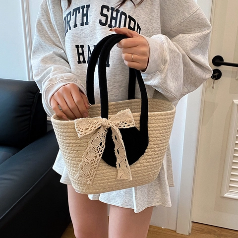 Borsa Tote in Paglia Intrecciata a Mano Stile Coreano di Grande Capacità per Donna Borsa a Tracolla Casual Estiva da Spiaggia Con Fiocco