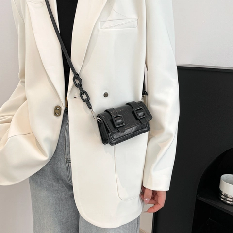 Dames Vintage Mini Schoudertas Vierkant PU Leer Dubbele Gesp Flap Kleine Tas Met Ketting Riem Mode Lippenstifttas