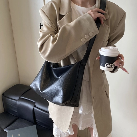 Damen Große Kapazität PU Leder Tragetasche Vintage Casual Schulter Umhängetasche Minimalistisch Urban Pendler Hobo Handtasche