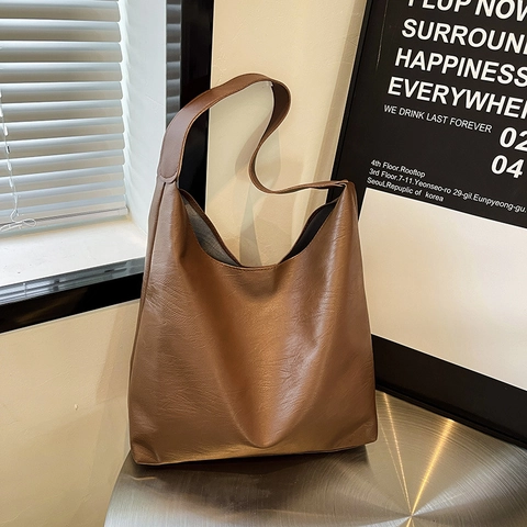 Women Vintage Large Capacity Tote Bag PU Leather Commuting Shoulder Bag Minimalist Hobo Purse Solid Color Daily Shopper Bag
