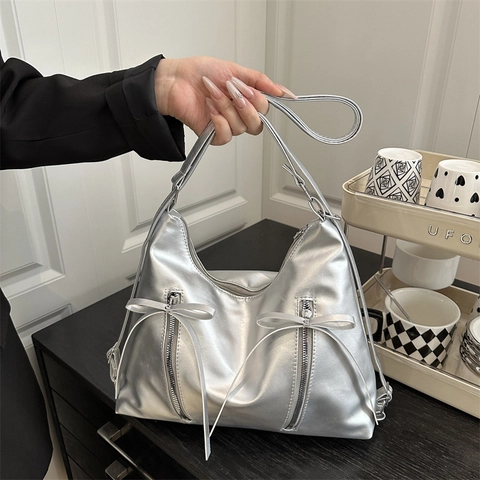Women Bowknot PU Leather Fashion Backpack Large Capacity Tote Bag Trendy Korean Style Shoulder Bag With Double Zippers