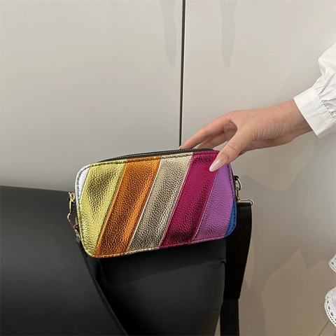 Women Rainbow Metallic Crossbody Bag Patchwork PU Leather Square Camera Bag Fashion Shoulder Bag Wide Adjustable Strap