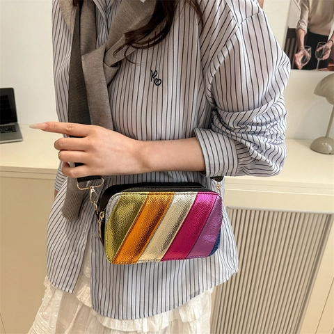 Women Rainbow Metallic Crossbody Bag Patchwork PU Leather Square Camera Bag Fashion Shoulder Bag Wide Adjustable Strap