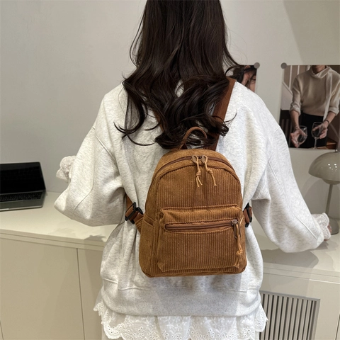 Mini Zaino in Velluto a Coste da Donna Nuovo Stile Coreano Casual Borsa da Viaggio Borsa da Scuola per Ragazze Leggero Tinta Unita