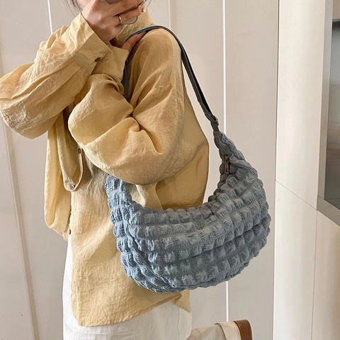Bolso Bandolera Casual para Mujer Textura de Burbujas Fruncido Poliéster Gran Capacidad Bolso de Hombro Creciente Color Sólido Estilo Coreano