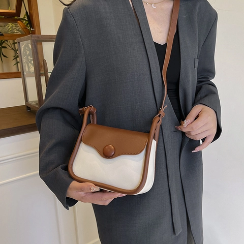 Bolso Bandolera Retro de Cuir PU para Mujer Bloque de Color Bolso Cuadrado Pequeño Con Botón Redondo y Colante de Cereza