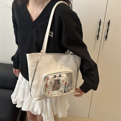 Große Kapazität PU Leder Ita Bag Japanischer Koreanischer Stil Tote Bag Für Damen Alltag Pendeln Transparentes Fenster Schultertasche
