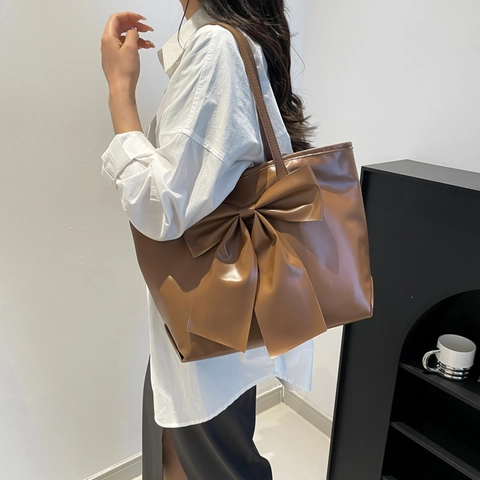 Bolso Tote de Cuero PU Gran Capacidad Con Decoración de Lazo Moda Color Sólido Bolso de Hombro Para Mujer Diario Trabajo