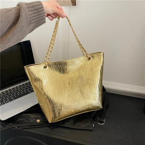 Borsa Tote da Donna alla Moda con Motivo a Coccodrillo in Pelle PU Catena in Metallo Borsa a Spalla Pendolare Elegante