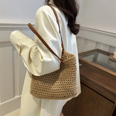 Borsa a Secchiello da Donna Intrecciata all'Uncinetto Borsa a Tracolla da Spiaggia Bohemian Tote in Paglia Con Manico